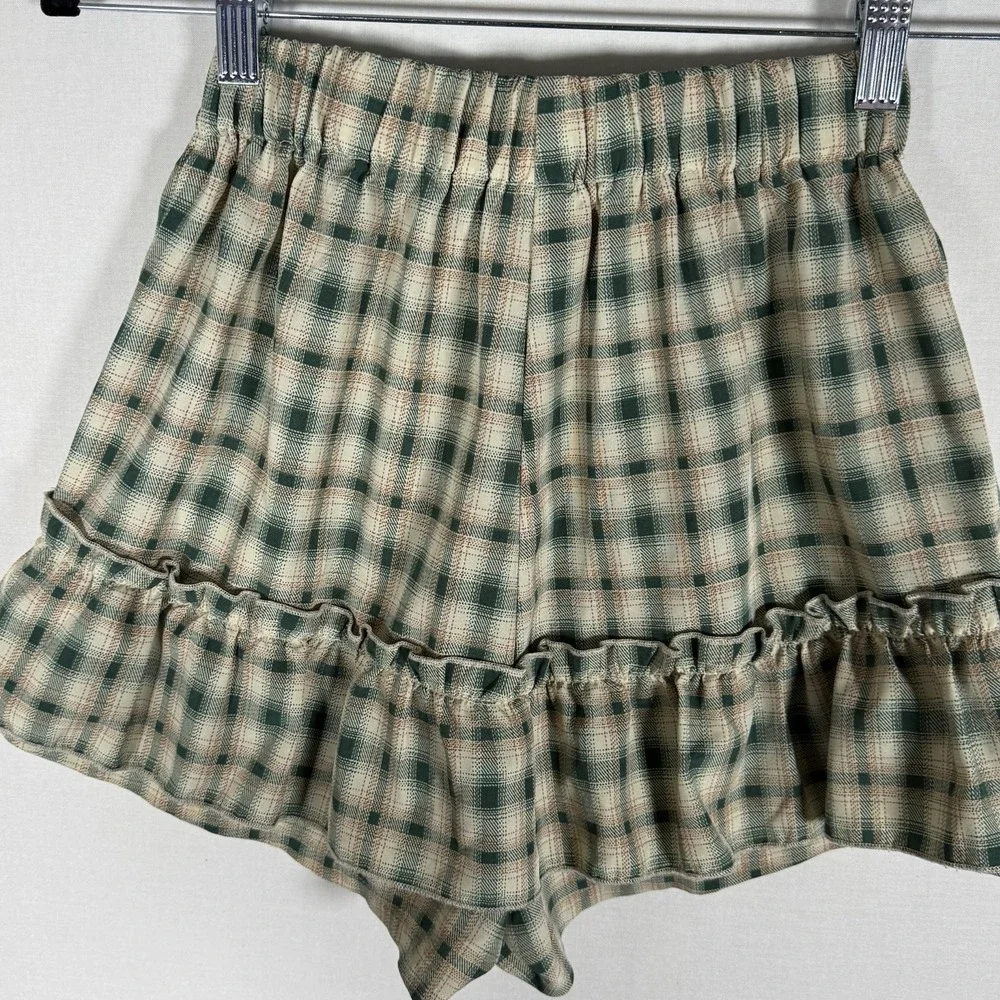 Academia Cottage Core Plaid Bloomers Mini Shorts Sage Yellow Cream Ruffles